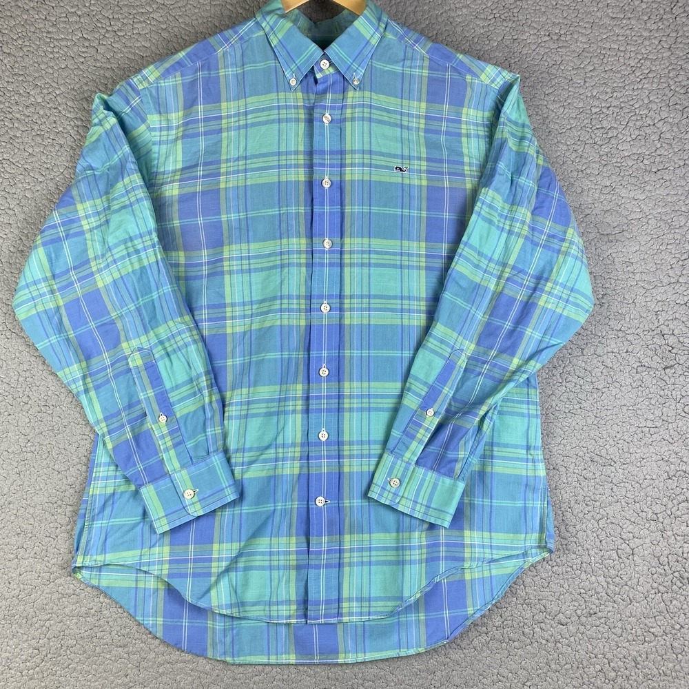 Vineyard Vines Whale Shirt M Light Blue Plaid Button Men's Lightweight Cotton *